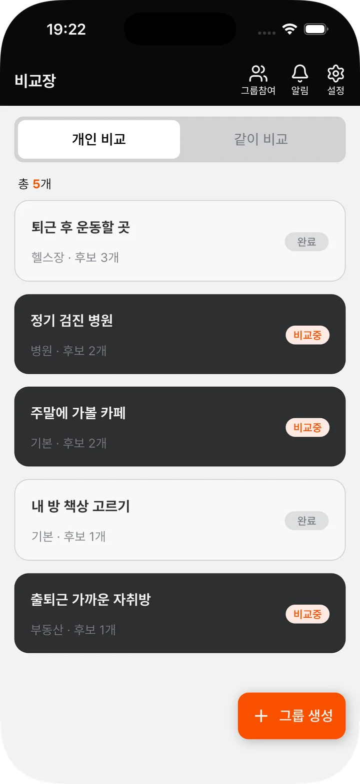 헬스장, 병원, 카페 등 고민별로 정리된 개인 비교 화면